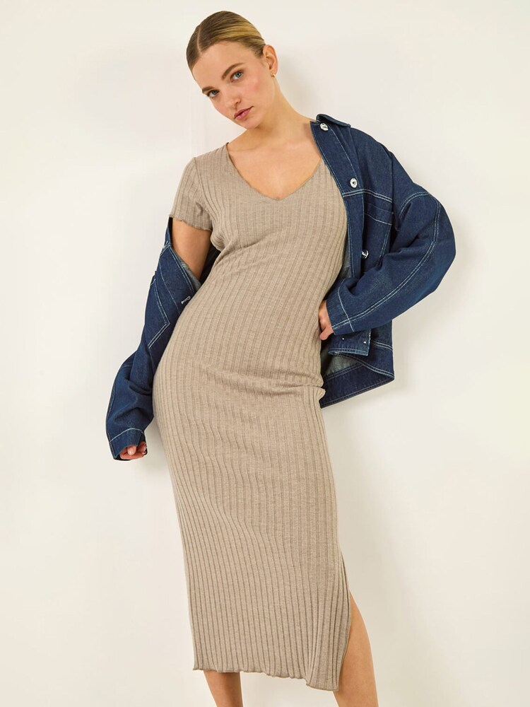 Roman Grey V-Neck Knit Midi Dress - Image 1 of 5