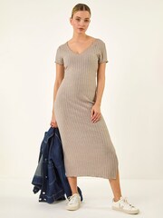 Roman Grey V-Neck Knit Midi Dress - Image 2 of 5