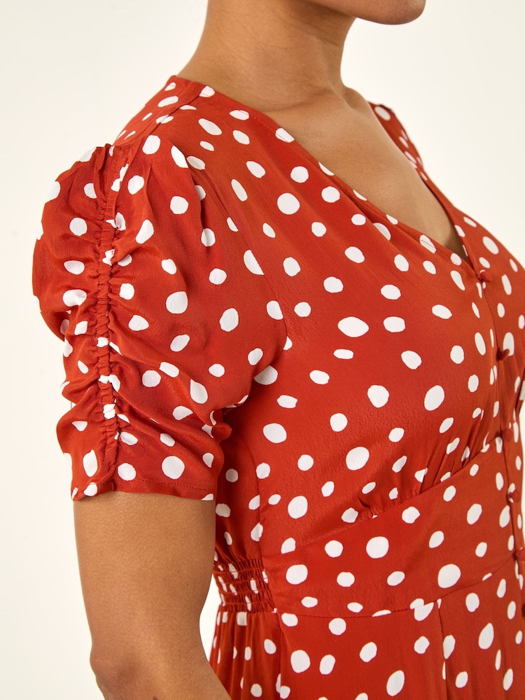 Roman Orange Polka Dot Ruched Sleeve Midi Dress - Image 5 of 5 Roman Orange Polka Dot Ruched Sleeve Midi Dress - Image 5 of 5