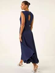 Roman Navy Blue High Neck Pleated Midi Dress - Image 1 of 5