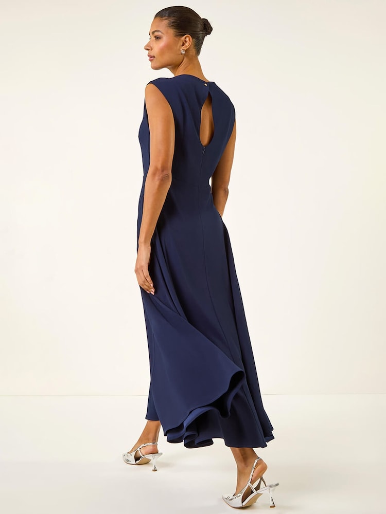 Roman Navy Blue High Neck Pleated Midi Dress - Image 1 of 5