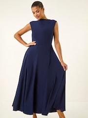 Roman Navy Blue High Neck Pleated Midi Dress - Image 2 of 5