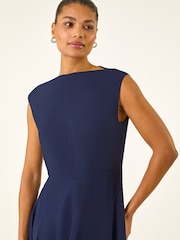 Roman Navy Blue High Neck Pleated Midi Dress - Image 4 of 5
