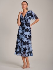 Jolie Moi Blue Ruffle Detail Ruched Mesh Midaxi Dress - Image 1 of 6