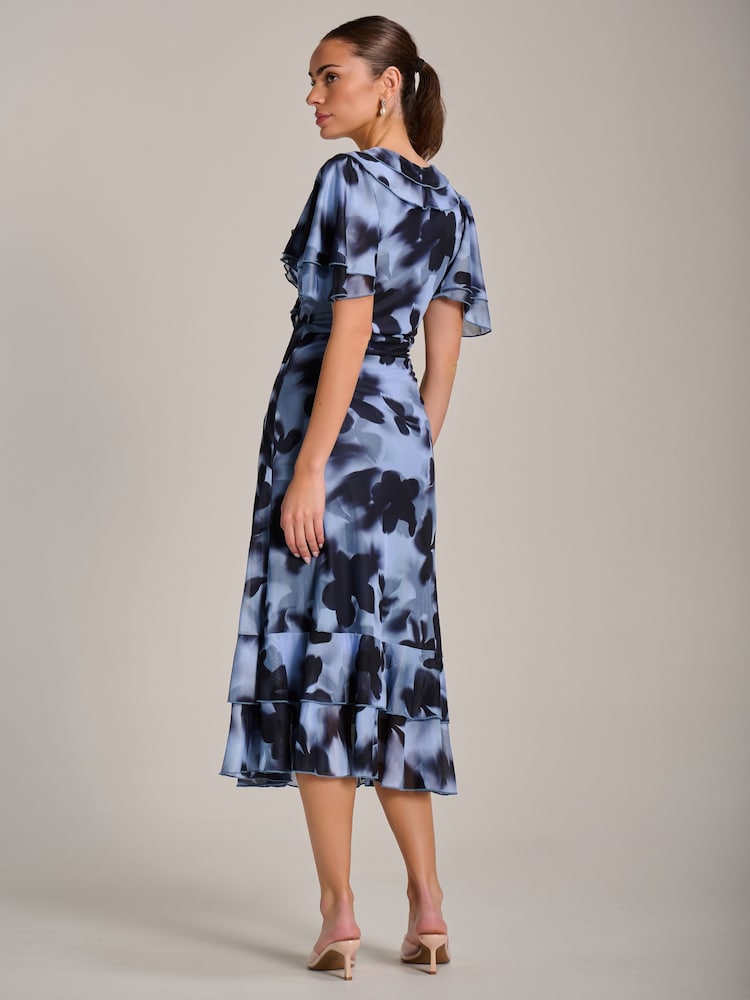 Jolie Moi Blue Ruffle Detail Ruched Mesh Midaxi Dress - Image 2 of 6