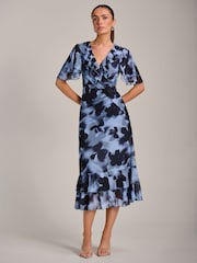 Jolie Moi Blue Ruffle Detail Ruched Mesh Midaxi Dress - Image 5 of 6