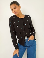 Roman Black Floral Embroidered Knit Cardigan - Image 1 of 5
