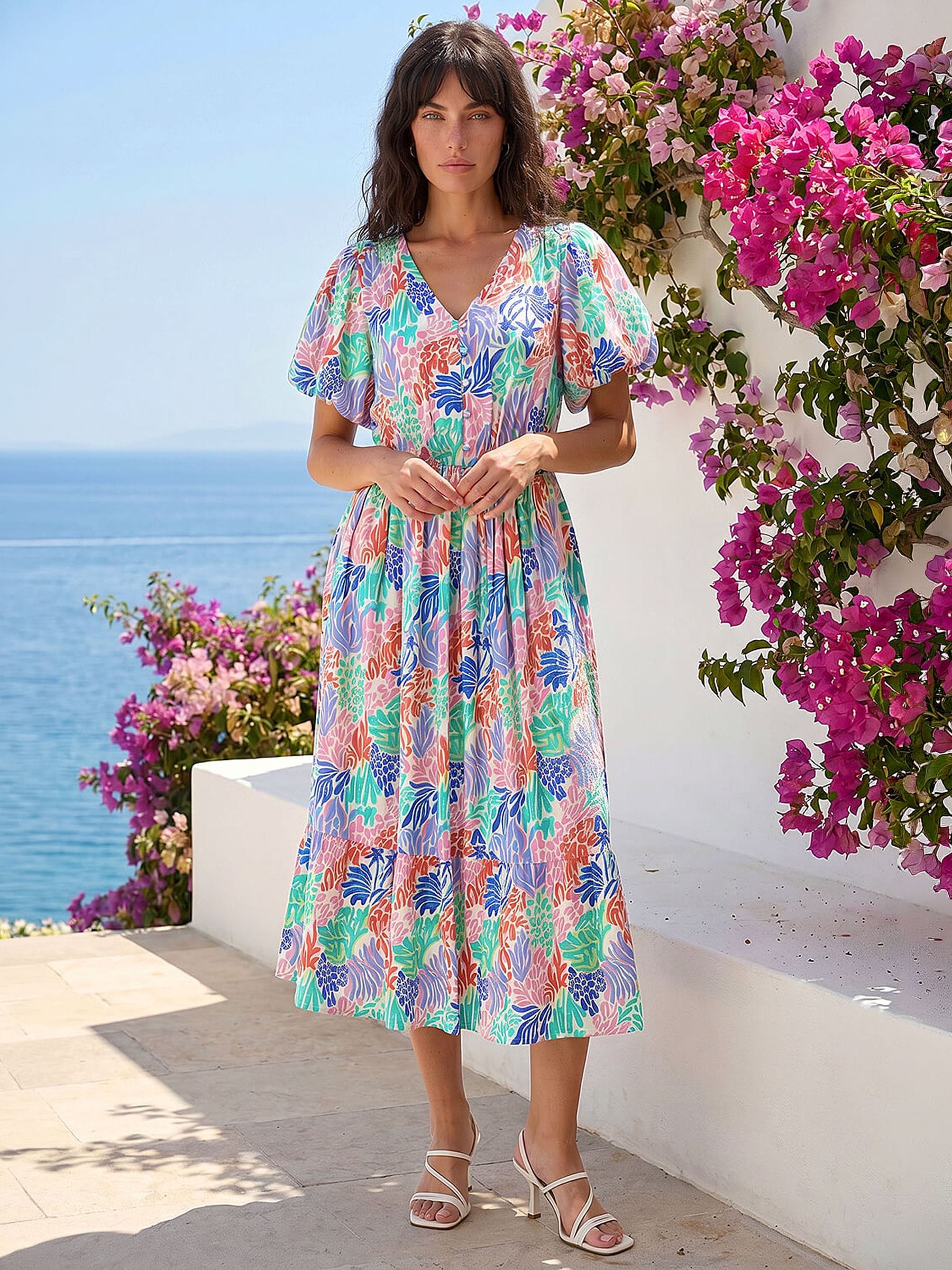 Roman Women's Pink Abstract Print Button Midi Dress