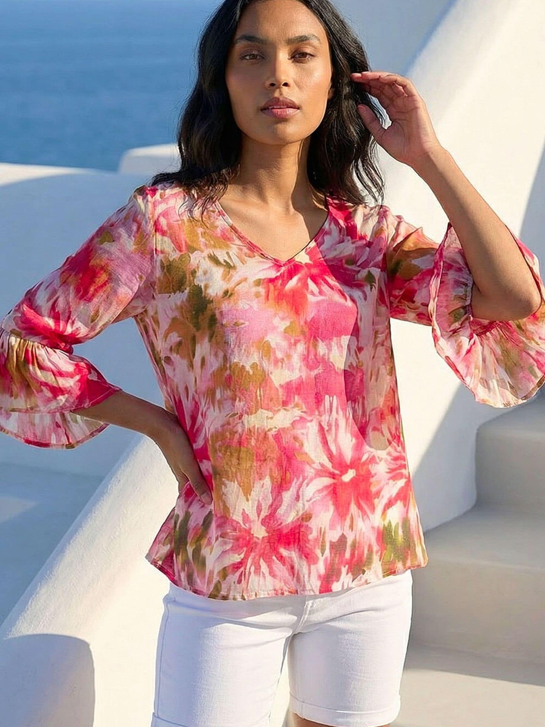 Roman Women's Pink Abstract Floral Flare Sleeve Top