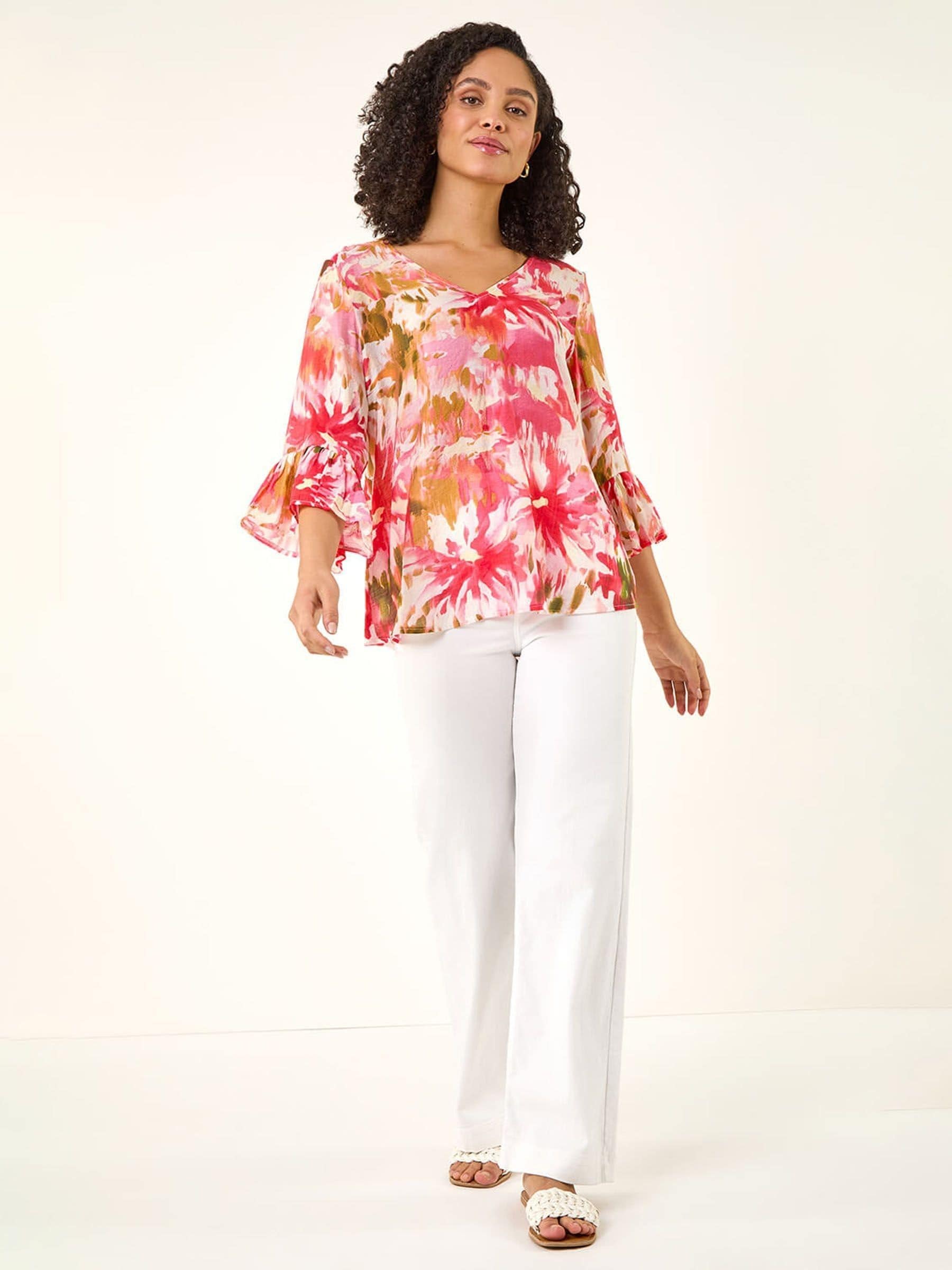 Buy Roman Pink Abstract Floral Flare Sleeve Top from Next Romania