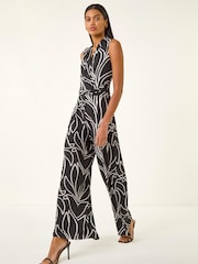 Roman Black Abstract Leaf Print Crossover Jumpsuit - Image 1 of 5