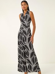 Roman Black Abstract Leaf Print Crossover Jumpsuit - Image 2 of 5