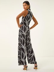 Roman Black Abstract Leaf Print Crossover Jumpsuit - Image 3 of 5