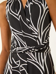 Roman Black Abstract Leaf Print Crossover Jumpsuit - Image 5 of 5