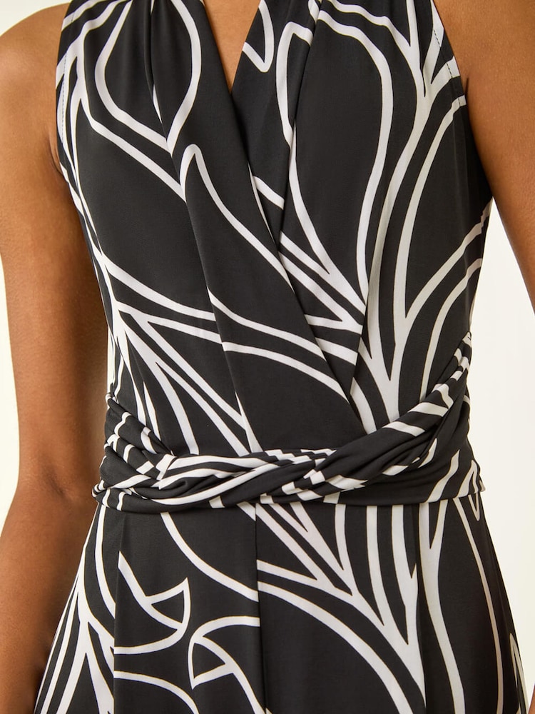 Roman Black Abstract Leaf Print Crossover Jumpsuit - Image 5 of 5