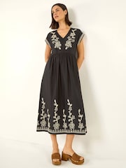 Roman Black Embroidered V-Neck Midi Dress - Image 1 of 4