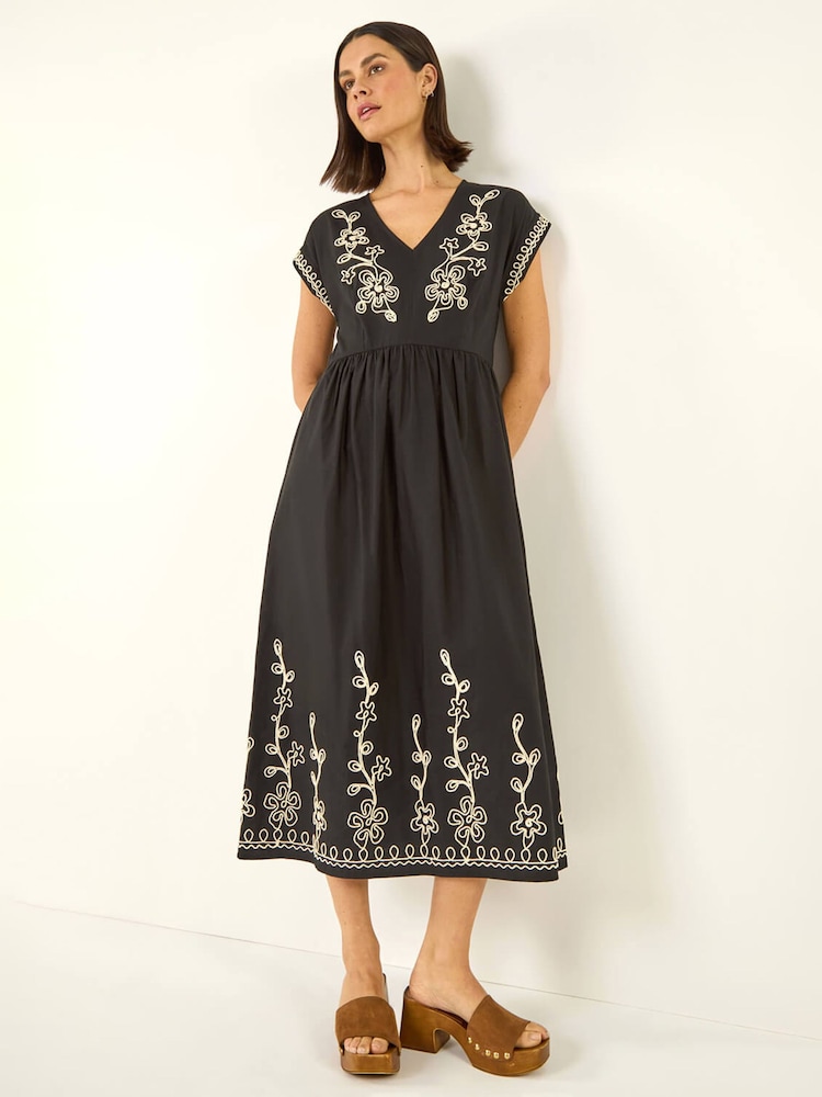 Roman Black Embroidered V-Neck Midi Dress - Image 1 of 4