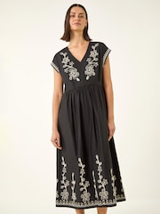 Roman Black Embroidered V-Neck Midi Dress - Image 2 of 4