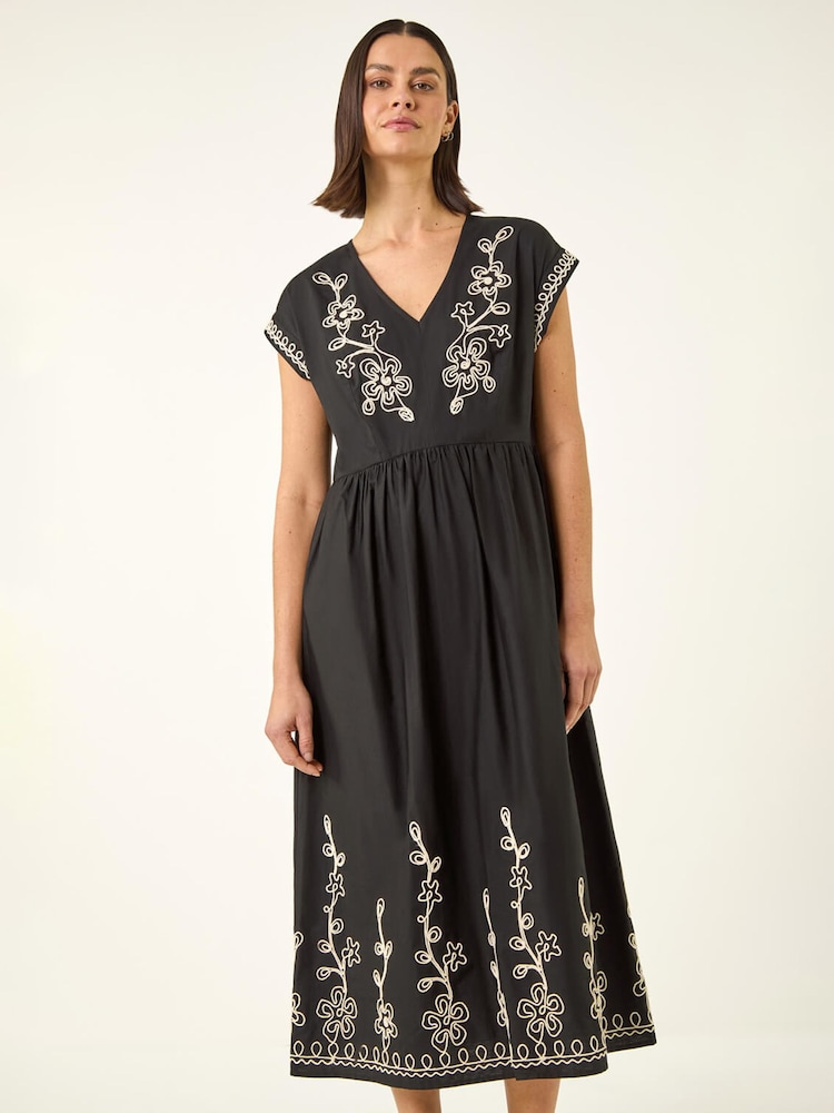 Roman Black Embroidered V-Neck Midi Dress - Image 2 of 4