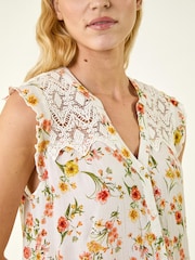 Roman Yellow Floral Lace Sleeveless Blouse - Image 6 of 6