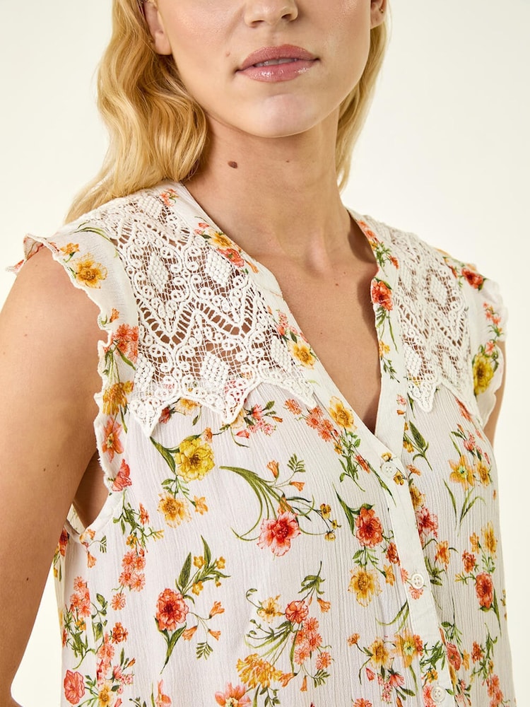 Roman Yellow Floral Lace Sleeveless Blouse - Image 6 of 6