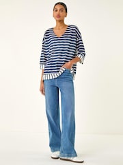 Roman Blue Stripe Print V-Neck Tunic Top - Image 2 of 5