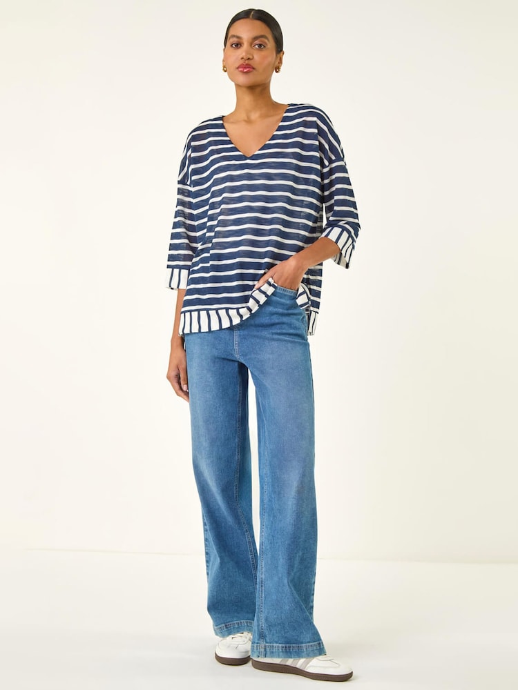 Roman Blue Stripe Print V-Neck Tunic Top - Image 2 of 5