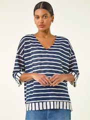 Roman Blue Stripe Print V-Neck Tunic Top - Image 4 of 5