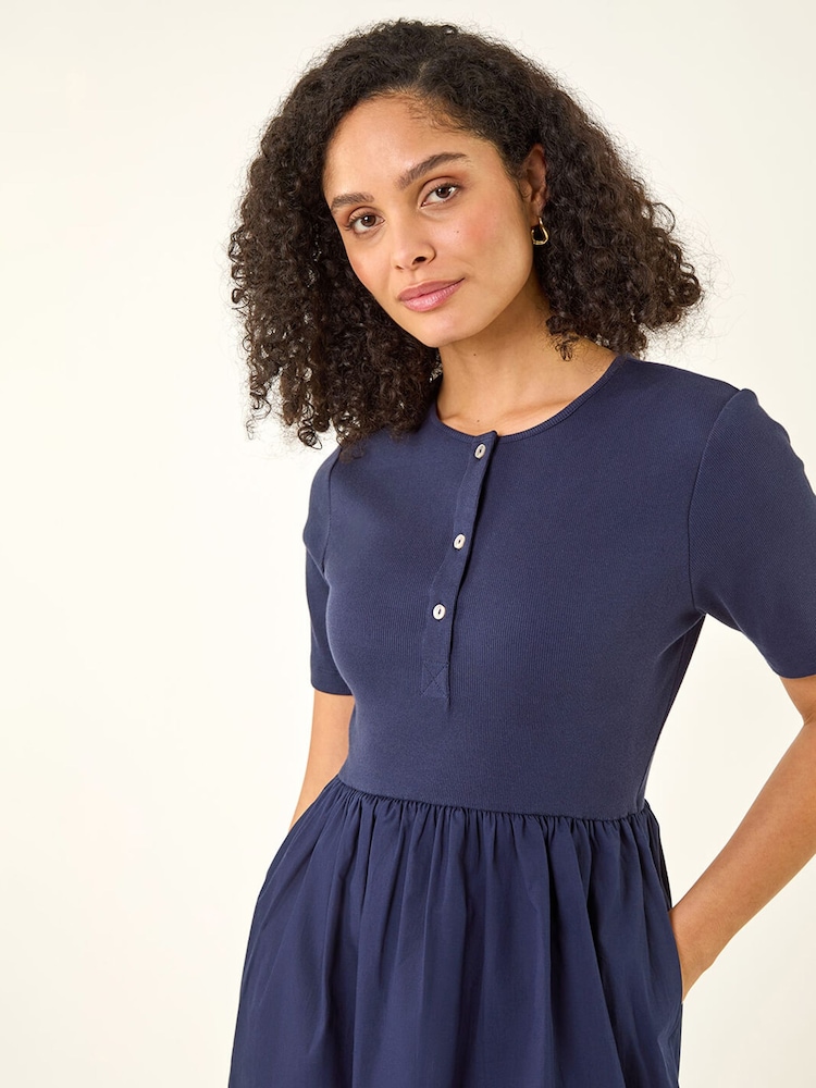 Womens Roman Blue Buttoned Pocket Stretch Midi Dress US 8 Womens Roman Blue Buttoned Pocket Stretch Midi Dress US 8