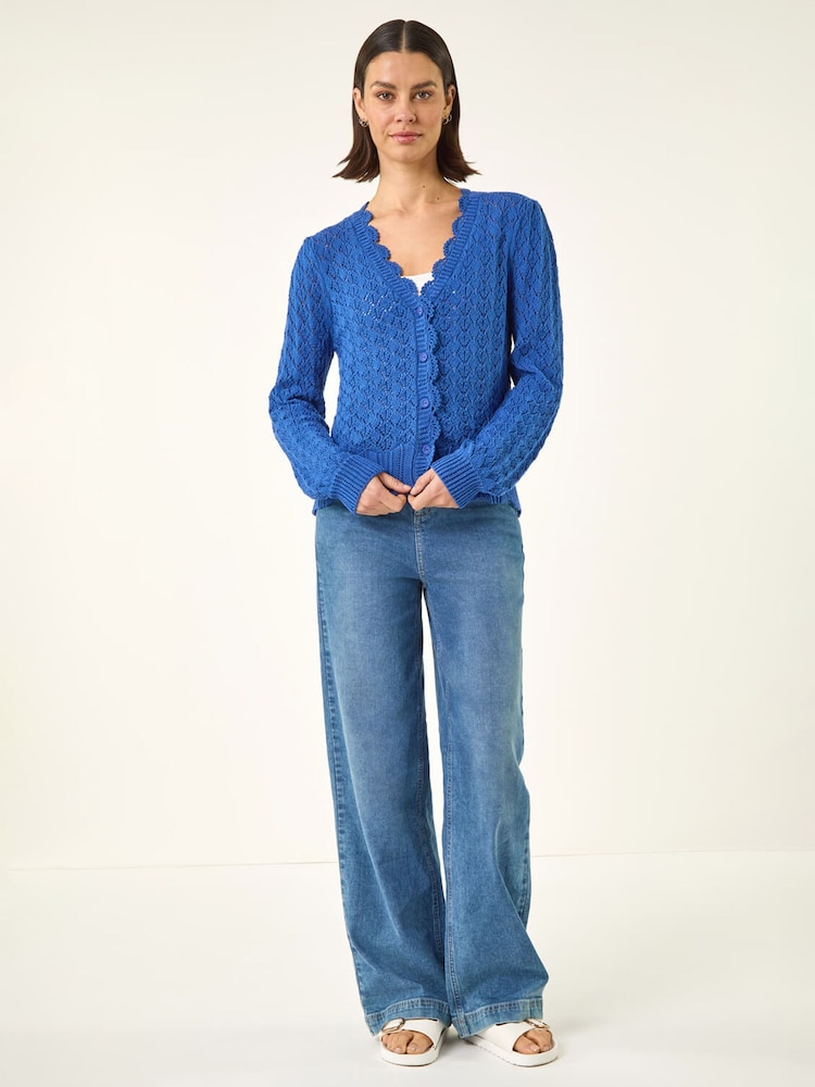 Roman Blue Pointelle Button Knit Cardigan - Image 2 of 5 Roman Blue Pointelle Button Knit Cardigan - Image 2 of 5
