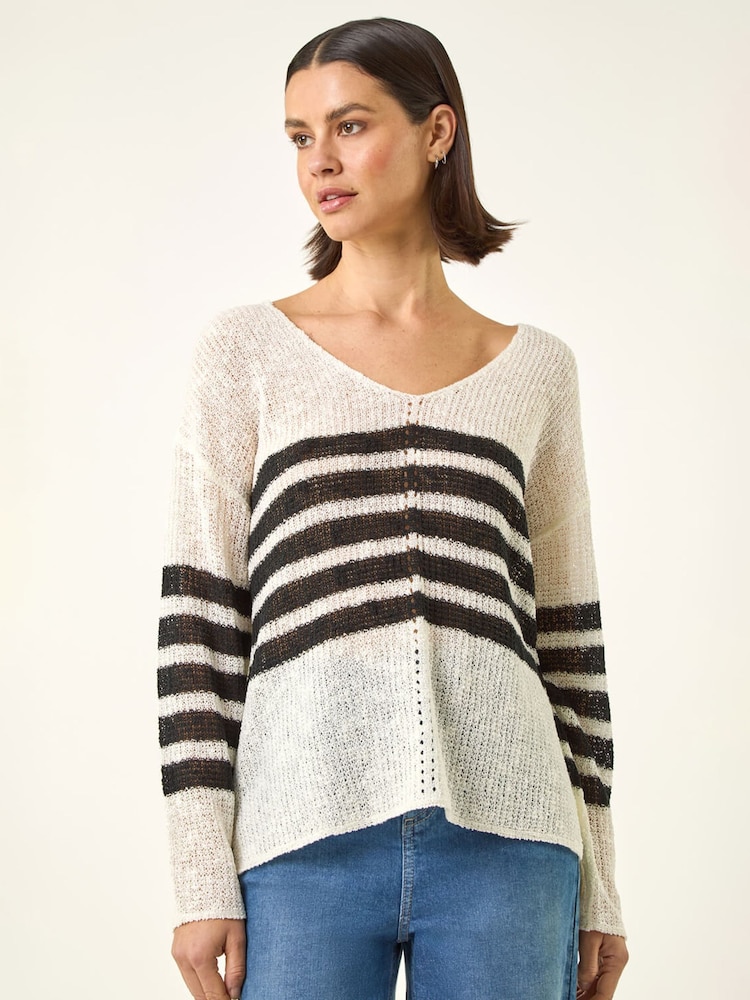 Roman White Stripe V-Neck Knit Jumper - Image 4 of 4 Roman White Stripe V-Neck Knit Jumper - Image 4 of 4