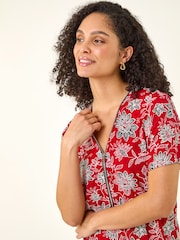 Roman Red Floral Print Zip Detail Top - Image 1 of 5