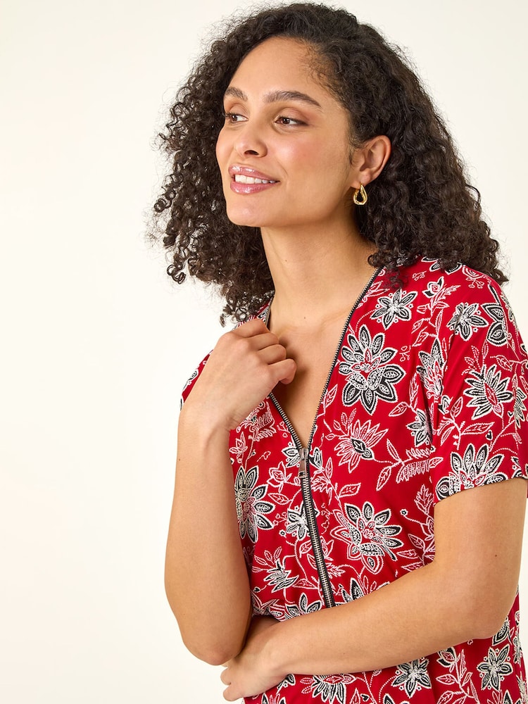 Roman Red Floral Print Zip Detail Top - Image 1 of 5