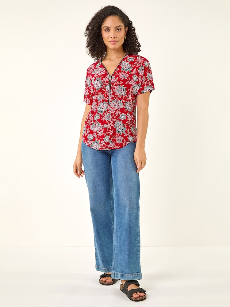 Roman Red Floral Print Zip Detail Top - Image 2 of 5