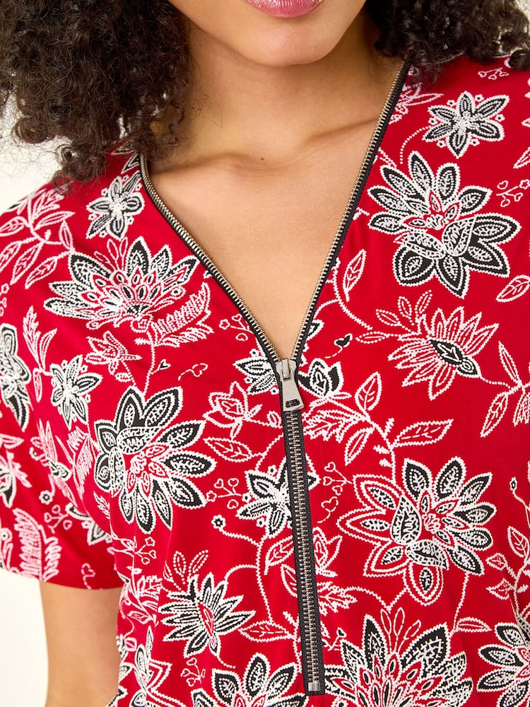 Roman Red Floral Print Zip Detail Top - Image 5 of 5