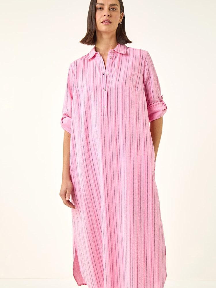 Roman Pink Textured Stripe Shirt Dress - Image 2 of 5