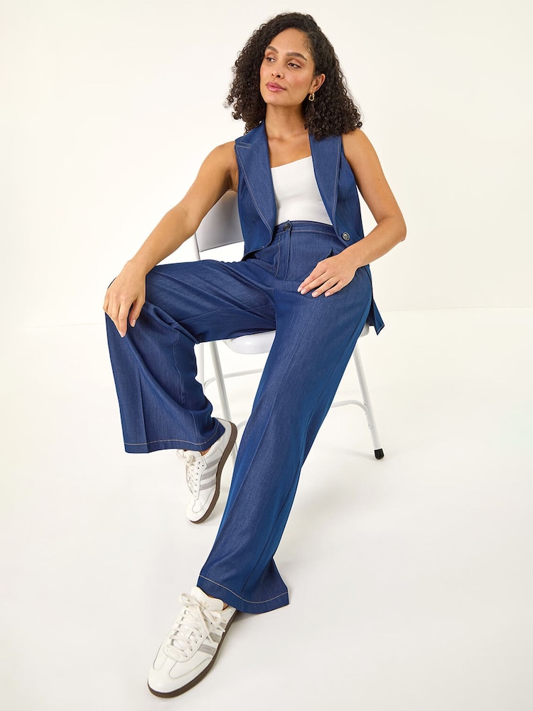 Roman Blue Denim Contrast Stitch Wide Leg Trousers - Image 1 of 5