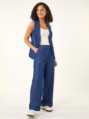Roman Blue Denim Contrast Stitch Wide Leg Trousers - Image 2 of 5
