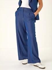 Roman Blue Denim Contrast Stitch Wide Leg Trousers - Image 4 of 5