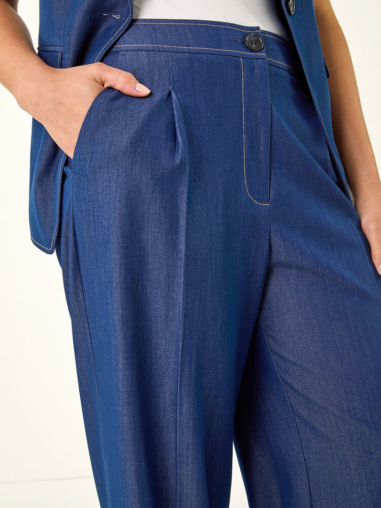 Roman Blue Denim Contrast Stitch Wide Leg Trousers - Image 5 of 5