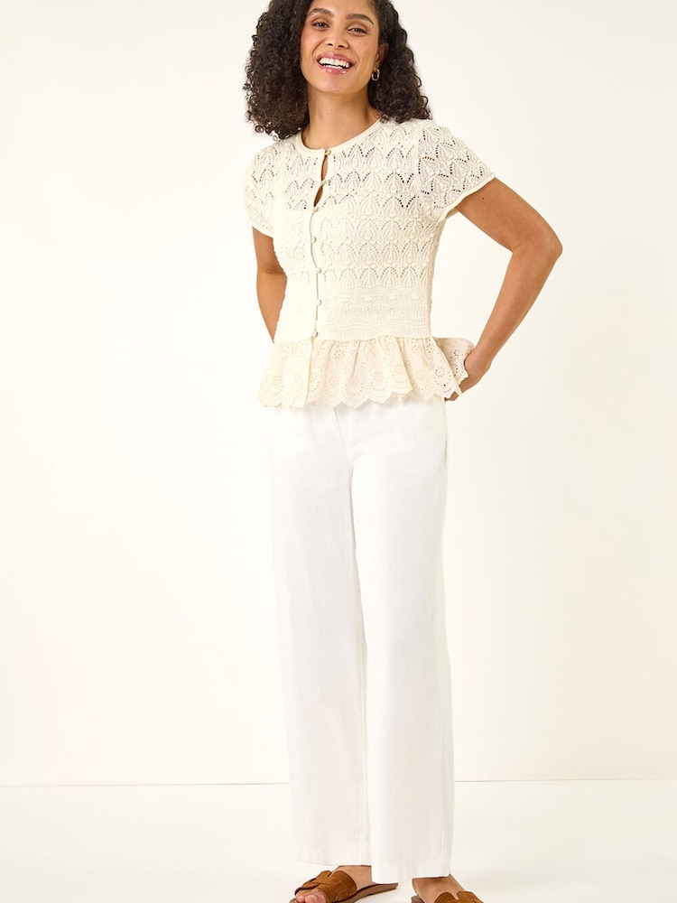 Roman White Textured Broidery Buttoned Knit Top - Image 2 of 5 Roman White Textured Broidery Buttoned Knit Top - Image 2 of 5