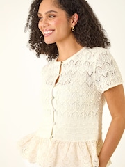 Roman White Textured Broidery Buttoned Knit Top - Image 4 of 5