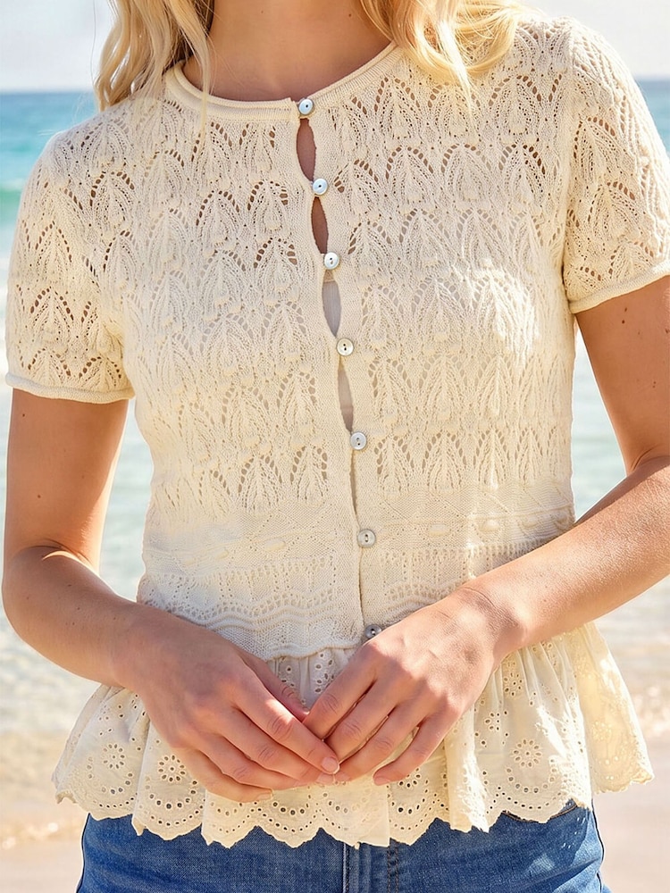 Roman Textured Broidery Buttoned Knit Top - Imaginea 4 din 4