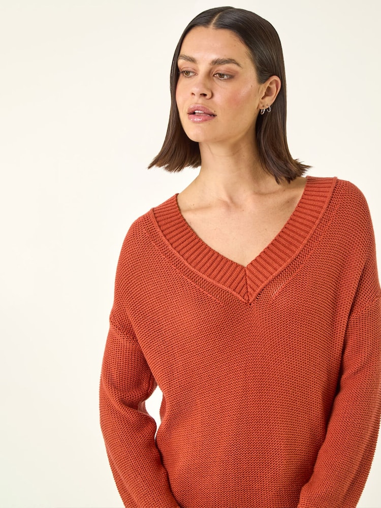 Roman Orange Ribbed V-Neck Boyfriend Jumper - Image 1 of 5