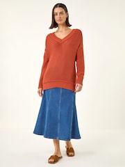 Roman Orange Ribbed V-Neck Boyfriend Jumper - Image 2 of 5