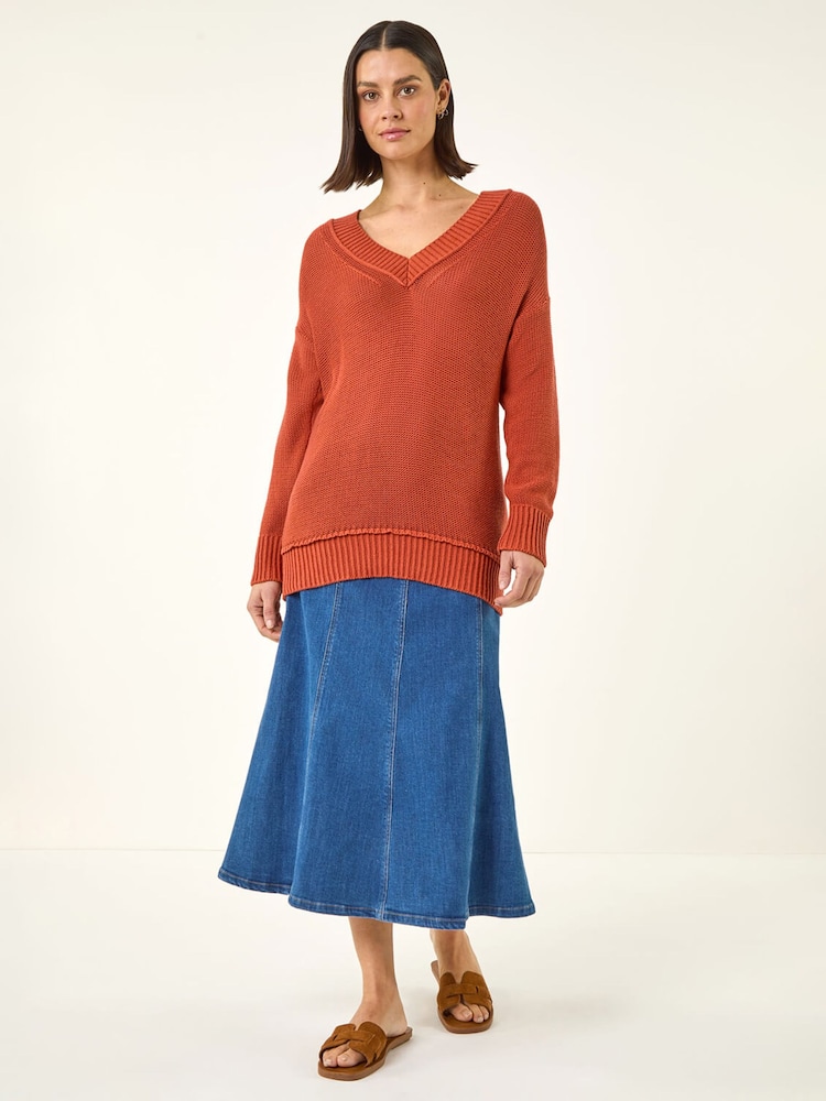 Roman Orange Ribbed V-Neck Boyfriend Jumper - Image 2 of 5