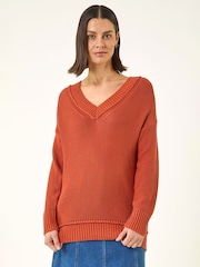 Roman Orange Ribbed V-Neck Boyfriend Jumper - Image 4 of 5