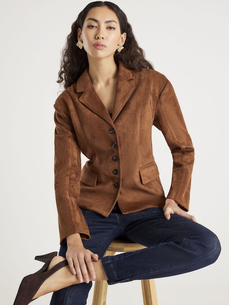 River Island Brown Fitted Faux Suede Blazer - Image 1 of 4 River Island Brown Fitted Faux Suede Blazer - Image 1 of 4