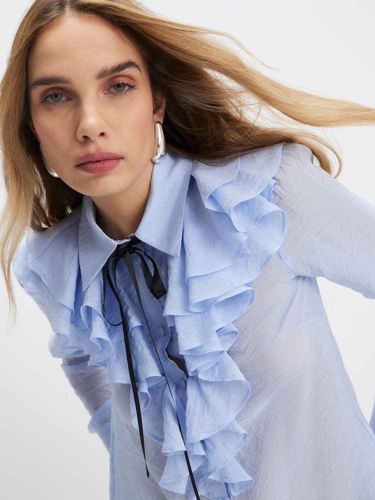 River Island Blue Ruffle Tie Neck Frill Blouse - Image 2 of 4