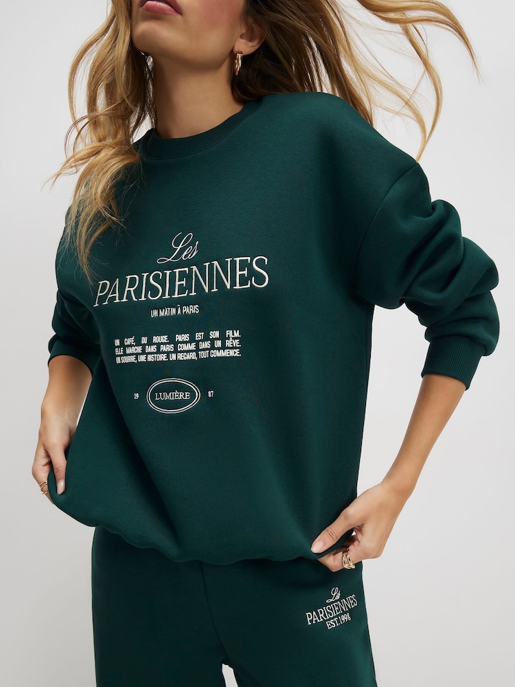 River Island Green Long Sleeve Les Parisiennes Emboridered Sweatshirt - Image 1 of 3